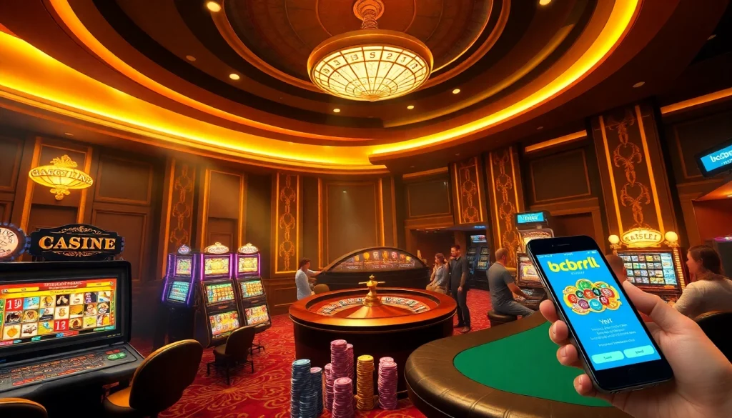 Una escena dinámica de casino con jugadores usando la app de bcbrl y participando en tragamonedas y póker.