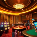 Una escena dinámica de casino con jugadores usando la app de bcbrl y participando en tragamonedas y póker.