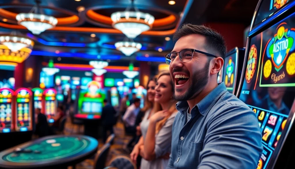 Découvrez un joueur heureux gagnant au casino en ligne argent réel entouré de lumières vives.