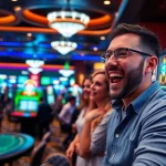 Découvrez un joueur heureux gagnant au casino en ligne argent réel entouré de lumières vives.