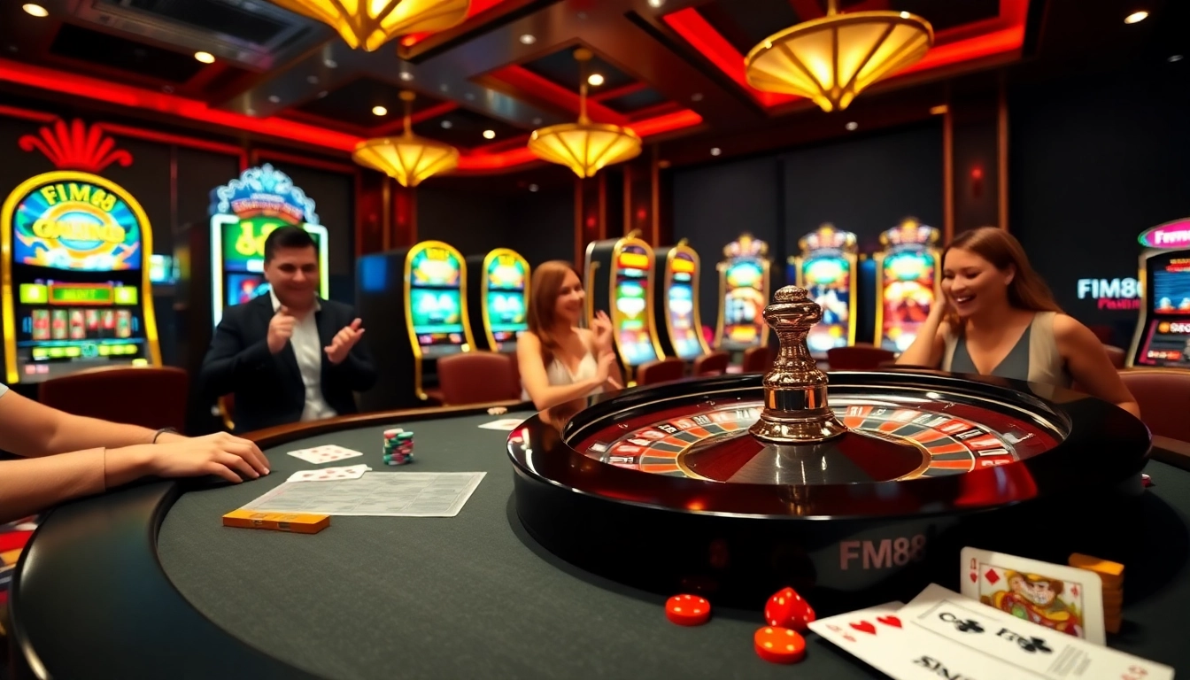 FM88 players eagerly placing bets at an exciting casino table with roulette wheel.