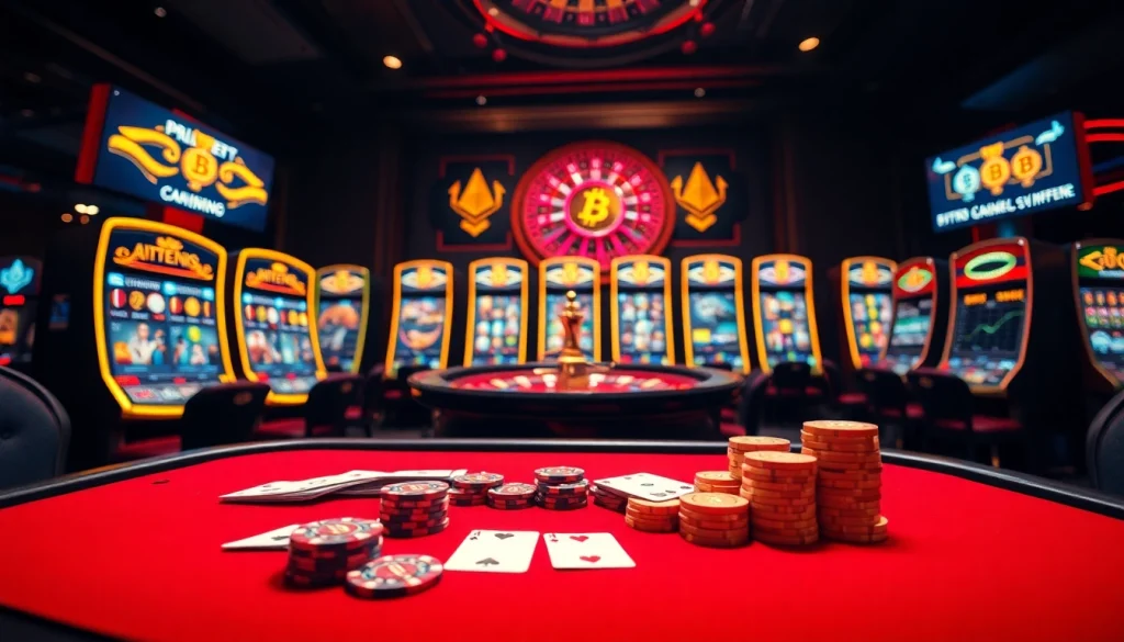Exciting casino crypto scene with poker table, roulette wheel, and digital currency icons.