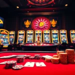 Exciting casino crypto scene with poker table, roulette wheel, and digital currency icons.