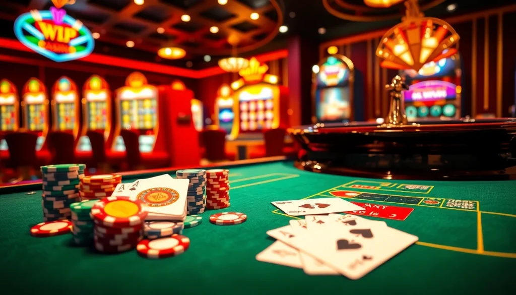 Experience the thrill of betting at 68VIP's vibrant casino tables with cards and chips.