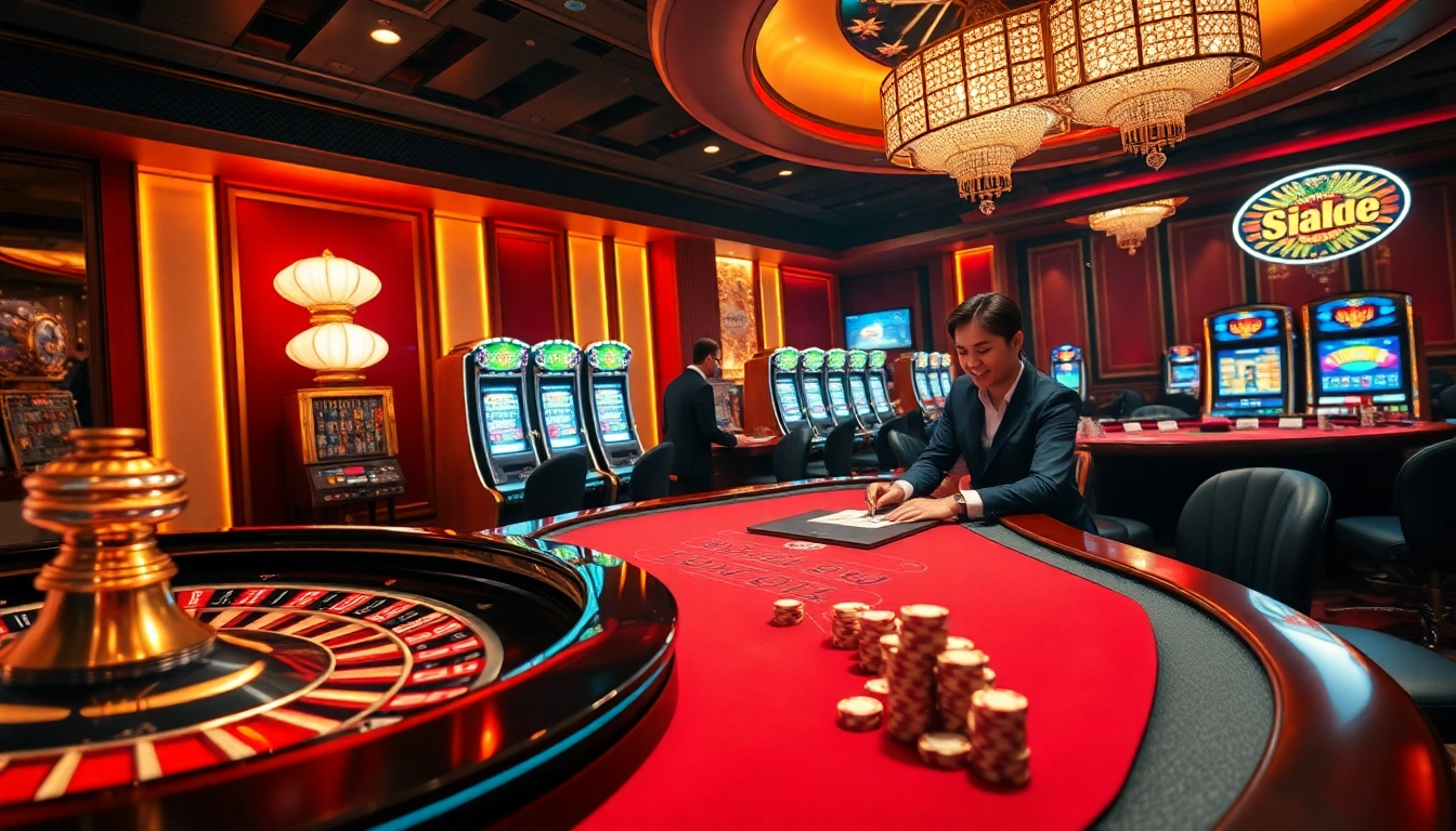Siu88 casino scene featuring an elegant roulette wheel, vibrant slot machines, and engaging dealers.
