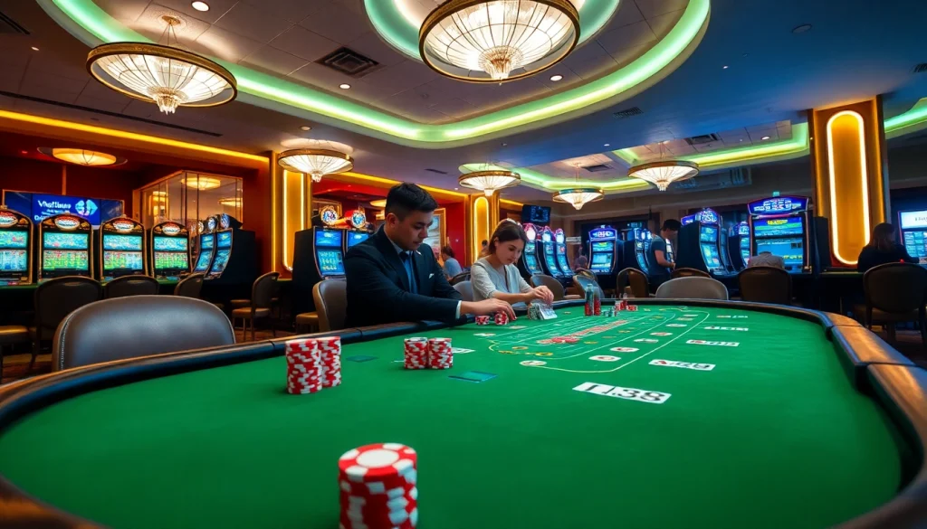 Witness an exciting poker game at the ww88 casino with vibrant chips and intense focus from players.