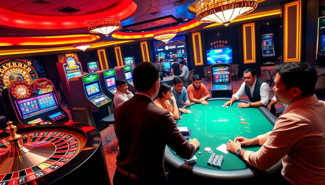 Excited gamblers enjoying the thrill of games at uu88's luxurious casino environment.