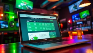Découvrez un site de paris sportifs avec paypal sur un ordinateur portable dans un bar dynamique.