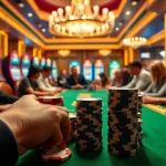 Exciting poker table scene showcasing cm88sm's gaming atmosphere with vibrant poker chips.