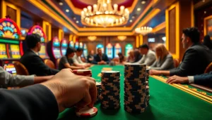 Exciting poker table scene showcasing cm88sm's gaming atmosphere with vibrant poker chips.