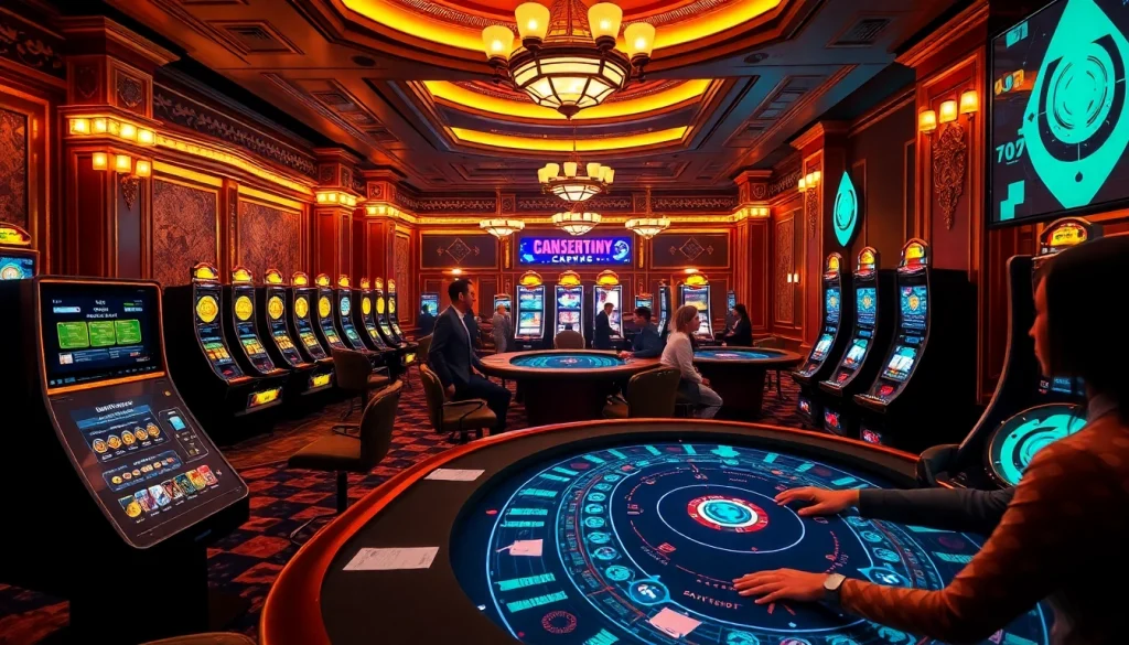 Players enjoying thrilling games at crypto casinos surrounded by digital interfaces and vibrant slot machines.
