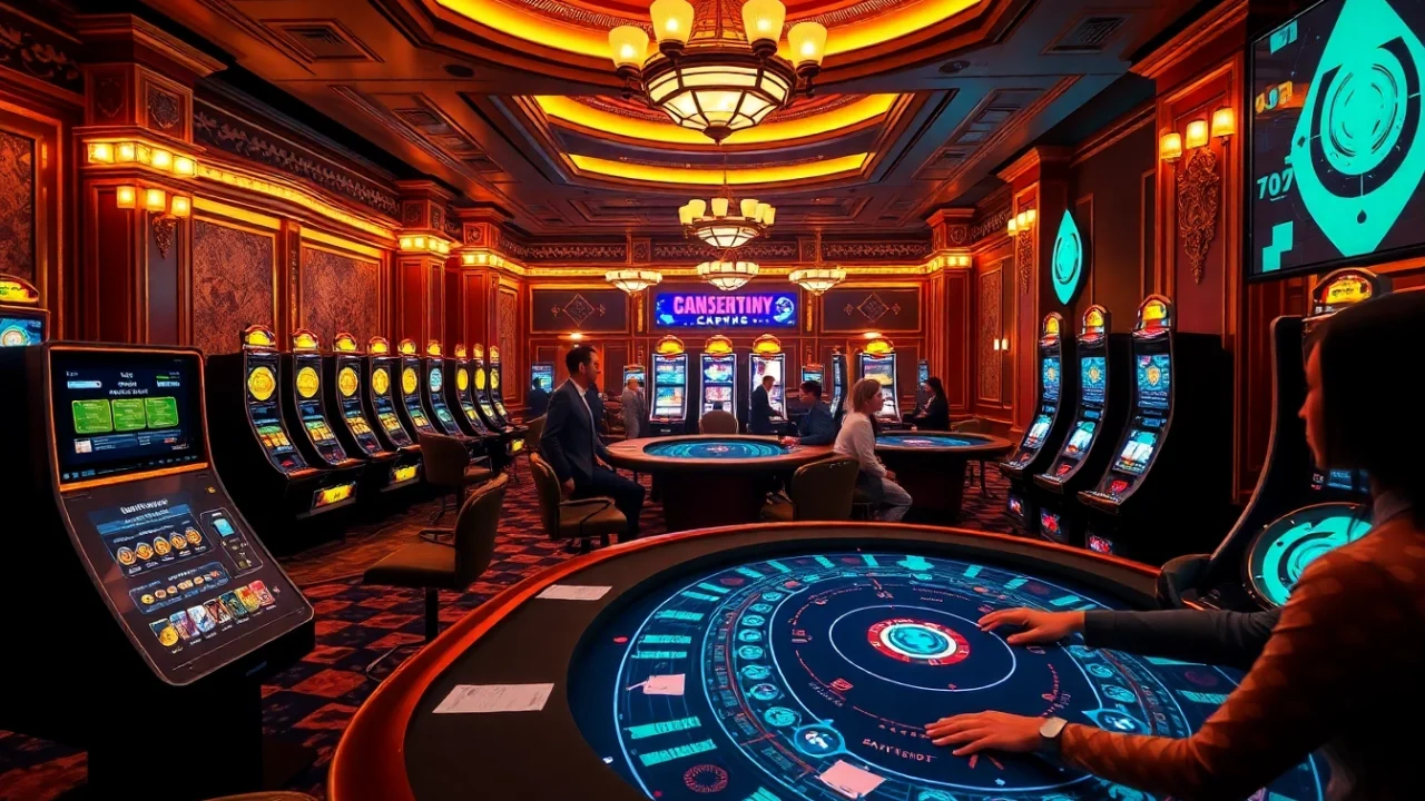 Players enjoying thrilling games at crypto casinos surrounded by digital interfaces and vibrant slot machines.