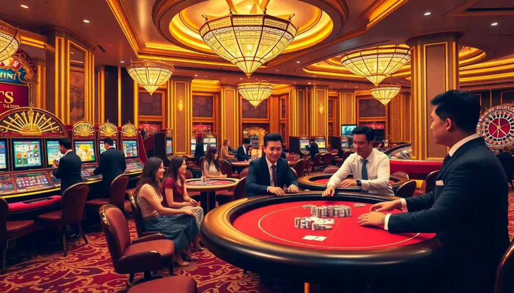 Experience the thrill of Nhà cái 23win with players enjoying elegant tables and vibrant slot machines.