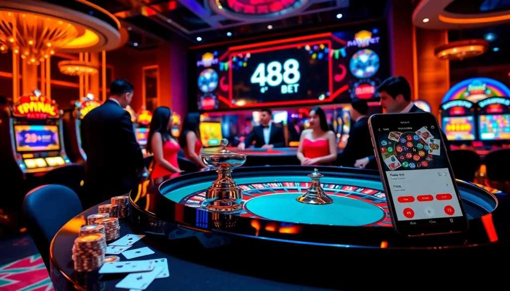 Participa en una emocionante escena de juego con mesas de ruleta de 488bet y jugadores en acción.