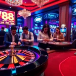 Engaging casino scene with MV88 logo showcasing players at the roulette and poker tables, embodying excitement.