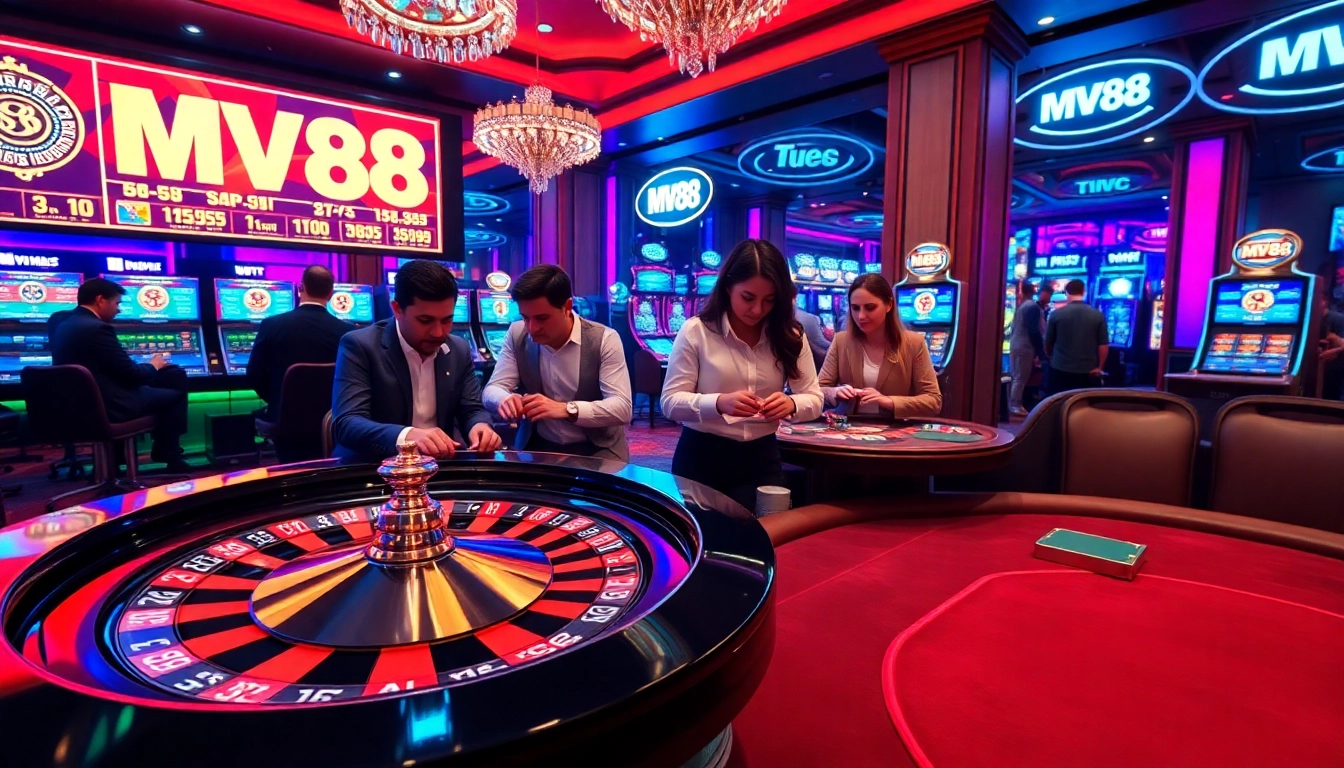 Engaging casino scene with MV88 logo showcasing players at the roulette and poker tables, embodying excitement.