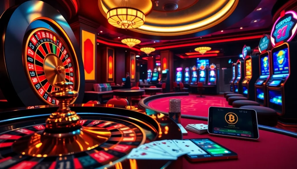 Experience casino crypto excitement with vibrant poker tables, roulette wheels, and dynamic digital gaming.