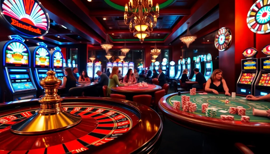 Exciting scene depicting casino en ligne france légal with players at roulette and poker tables.