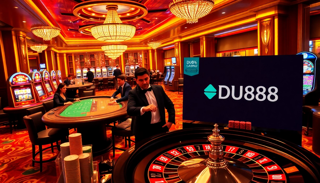 Excited gamblers enjoying a game of poker at DU88, showcasing a luxurious casino atmosphere.