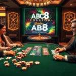 Players enjoying a thrilling poker game at the upscale ABC8 casino table, showcasing gambling excitement.