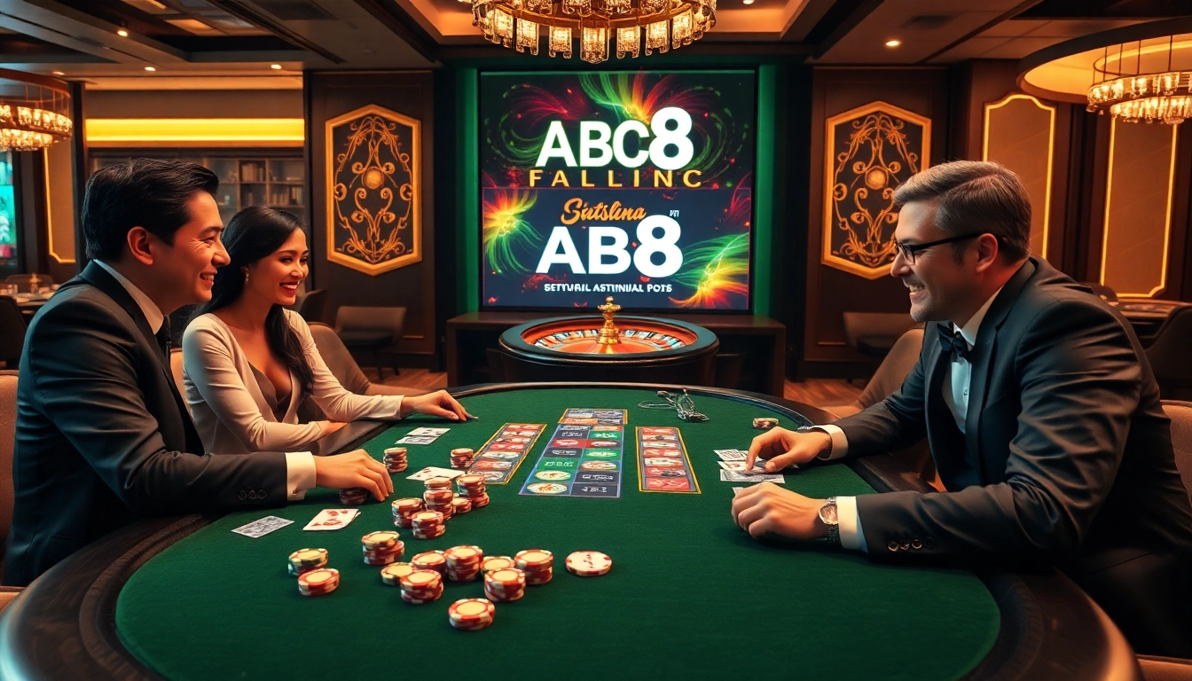 Players enjoying a thrilling poker game at the upscale ABC8 casino table, showcasing gambling excitement.