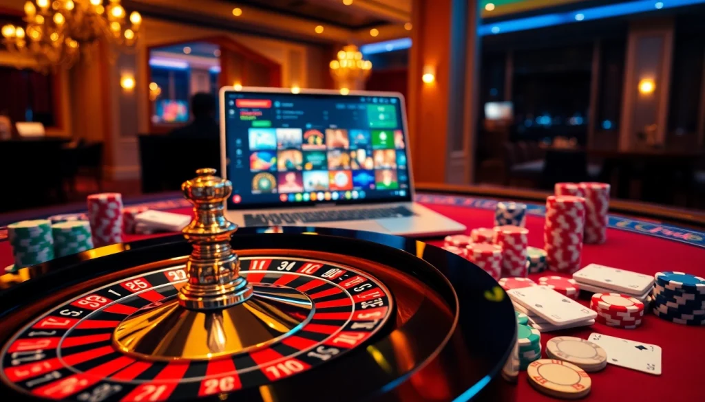 Engaging casino en ligne experience with roulette, poker chips, and online gaming interface.