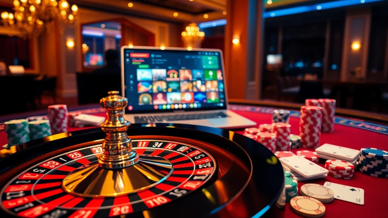 Engaging casino en ligne experience with roulette, poker chips, and online gaming interface.
