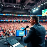 Engaging broadcaster analyzing live Sports Broadcasting in a vibrant and professional sports studio