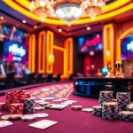 rikvip casino table with poker chips, cards, and roulette wheel immersed in a luxurious gambling atmosphere