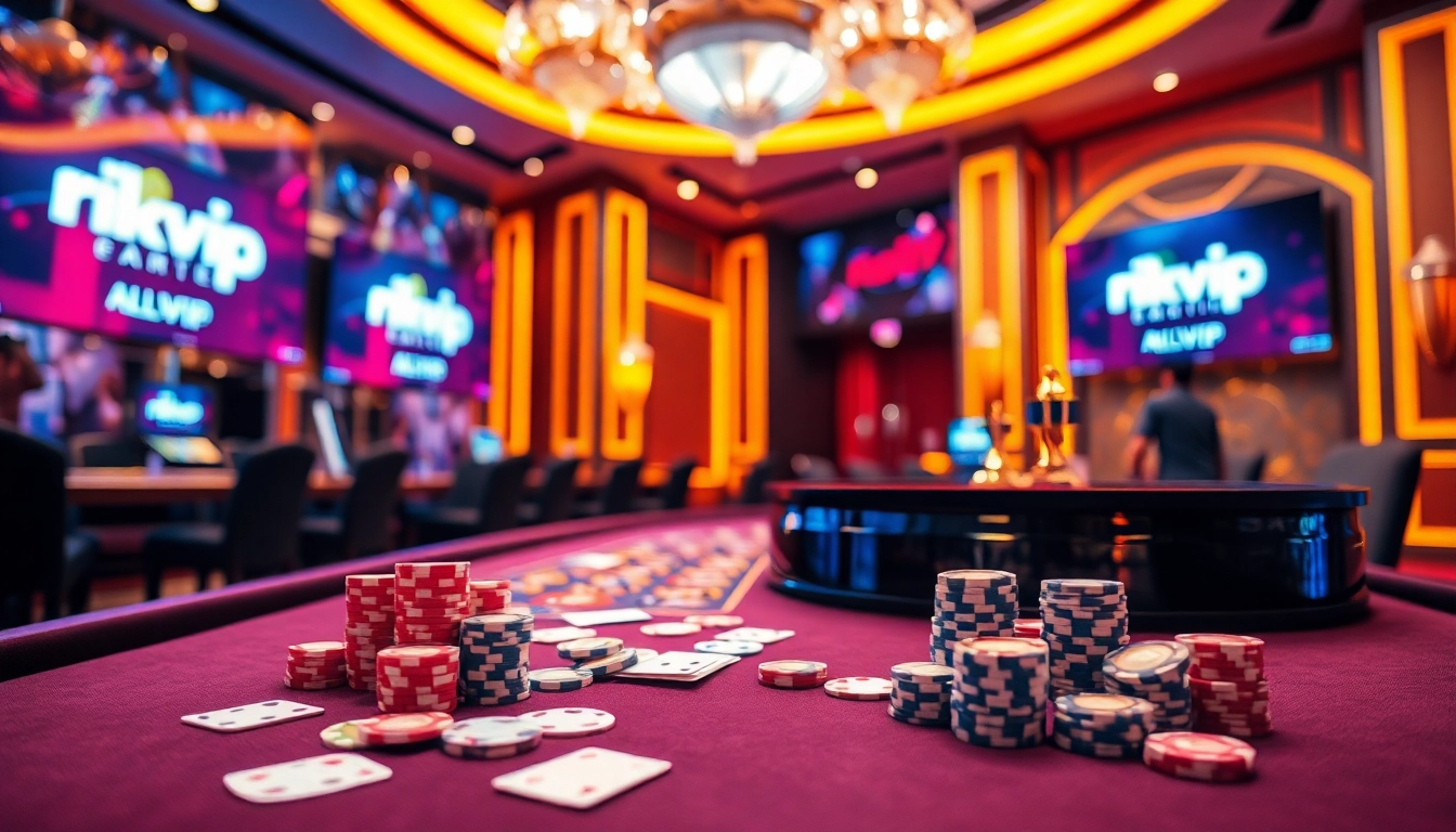 rikvip casino table with poker chips, cards, and roulette wheel immersed in a luxurious gambling atmosphere
