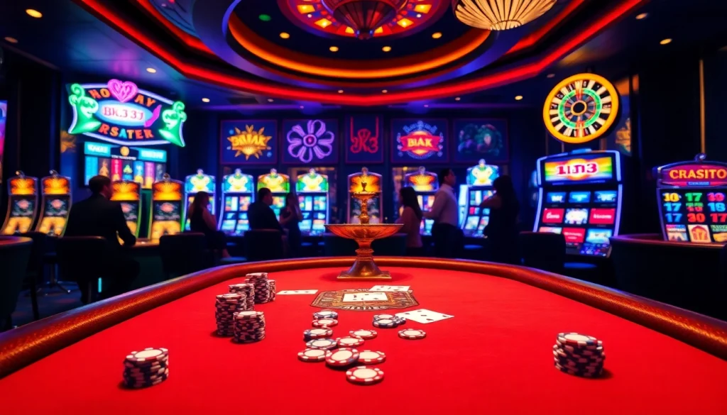 Exciting gaming scene at Bk33 club with poker table, roulette wheel, and slot machines.