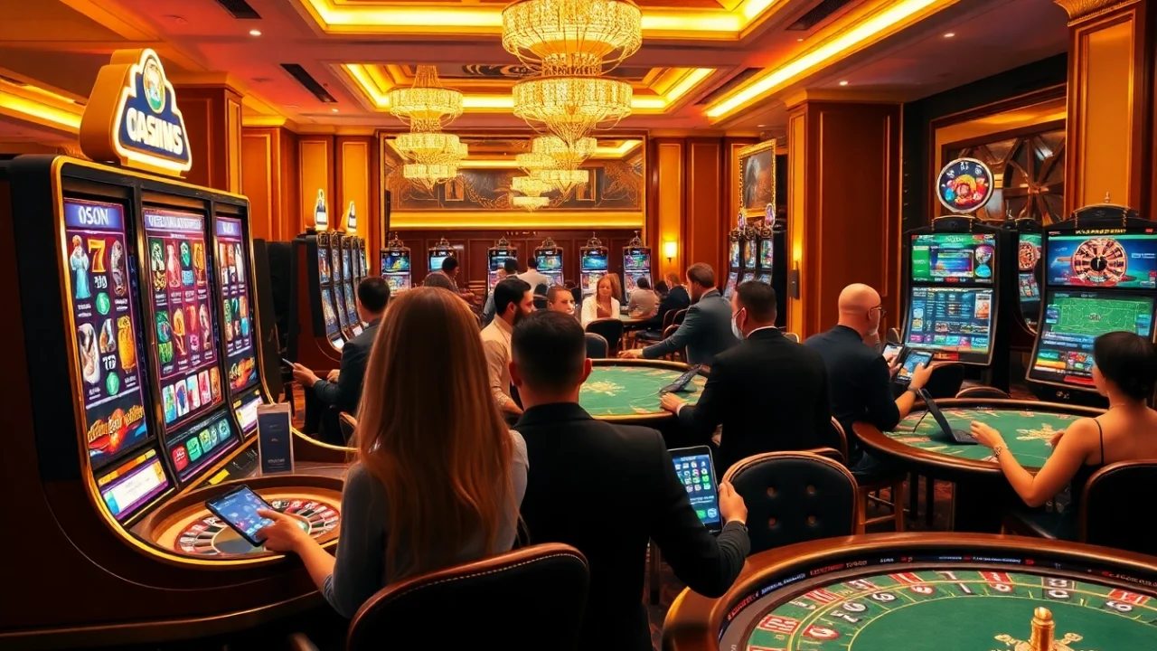Players enjoying various games at a luxurious Casino en Ligne, featuring vibrant slot machines and high-stakes betting slips.