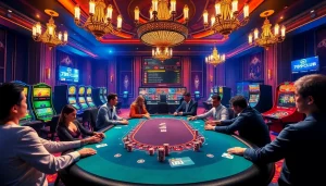 Experience the excitement of a high-stakes game at 789club with players enjoying poker at a luxurious table.