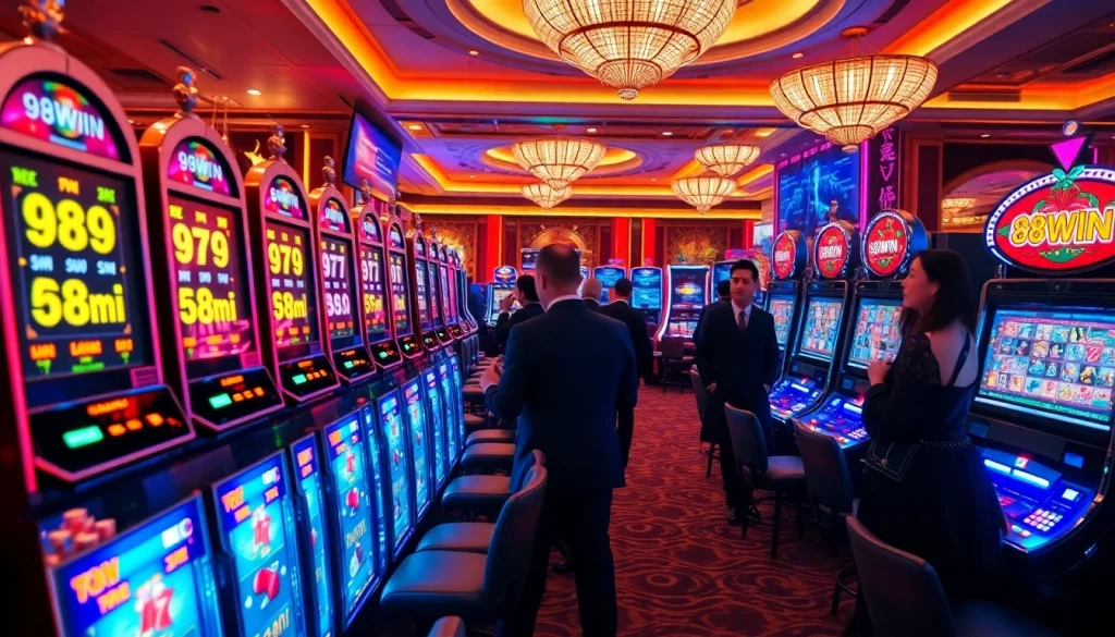 Engaging scene showcasing players winning big at the 98win nổ hũ slot machines in a luxurious casino.