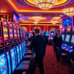 Engaging scene showcasing players winning big at the 98win nổ hũ slot machines in a luxurious casino.