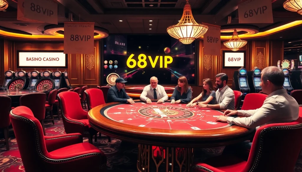 68VIP casino scene with players at blackjack table, showcasing excitement and luxury.