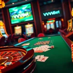 Experimenta la emoción de la atmósfera elegante del casino de VVVBet, con juegos de ritmo rápido y un ambiente vibrante.