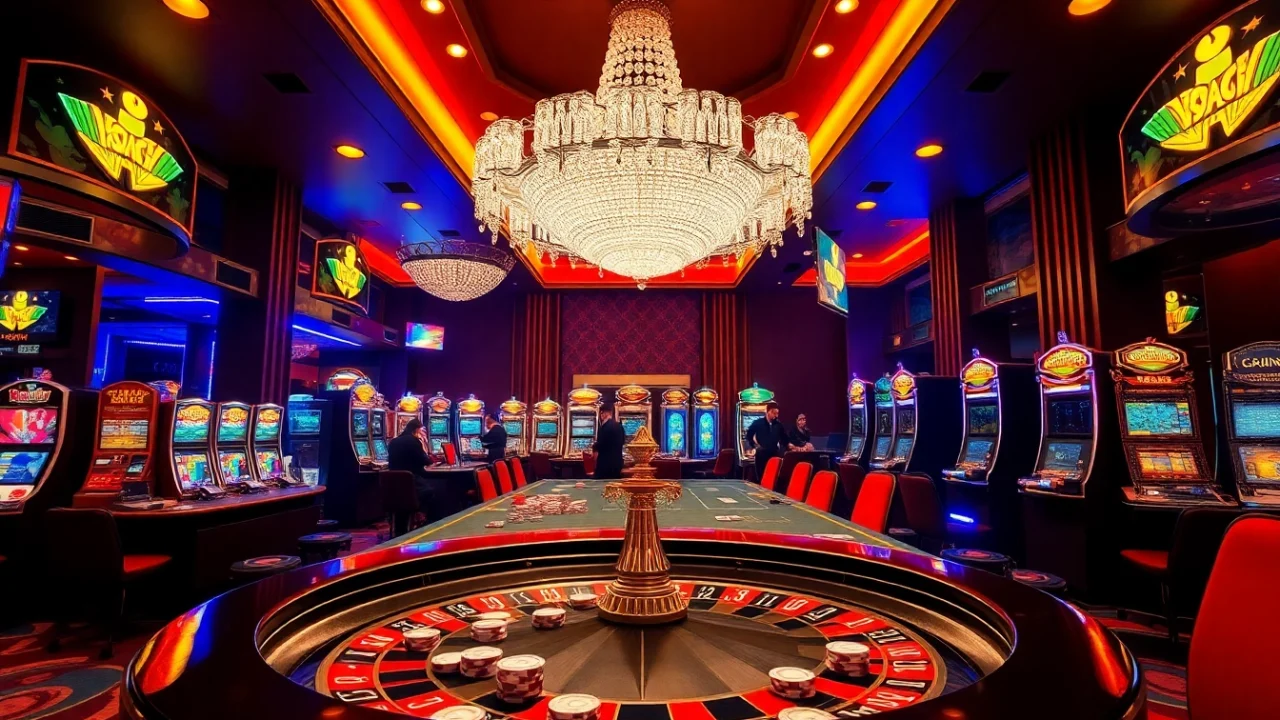 Intense gaming action at nhà cái 789win's luxurious casino featuring roulette and poker tables.