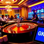 Engage with GK88.COM at a luxury casino table surrounded by poker chips and a roulette wheel.