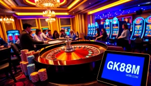 Engage with GK88.COM at a luxury casino table surrounded by poker chips and a roulette wheel.