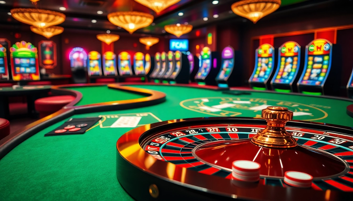 Experience thrilling gameplay at FC88 with vibrant casino tables and a roulette wheel.