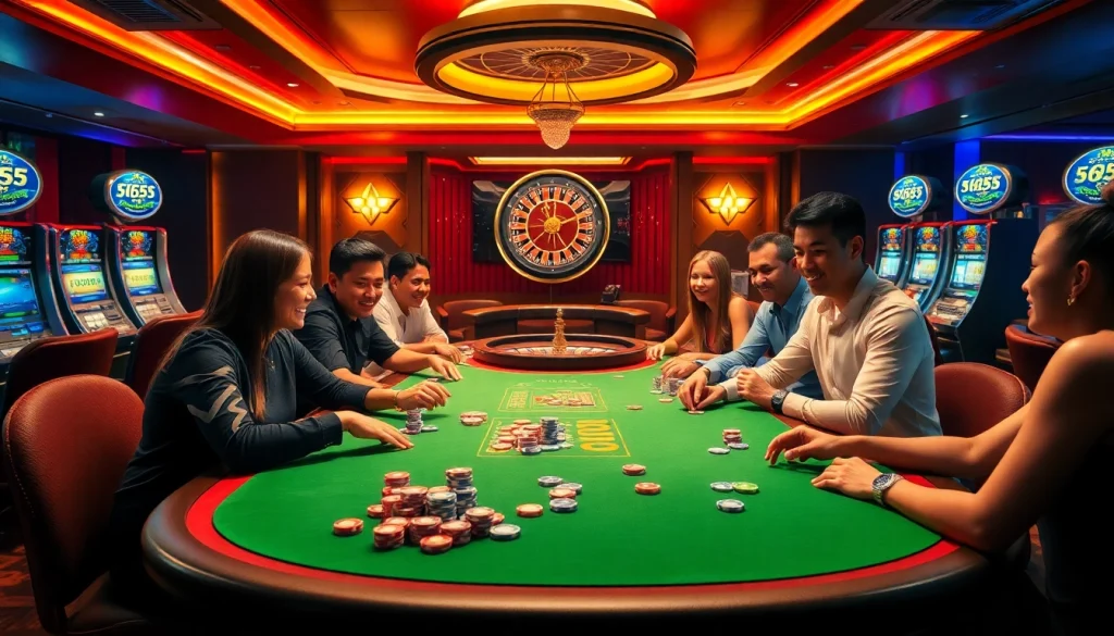 Engaged players enjoying poker in a luxurious casino, showcasing the excitement of 555 win.