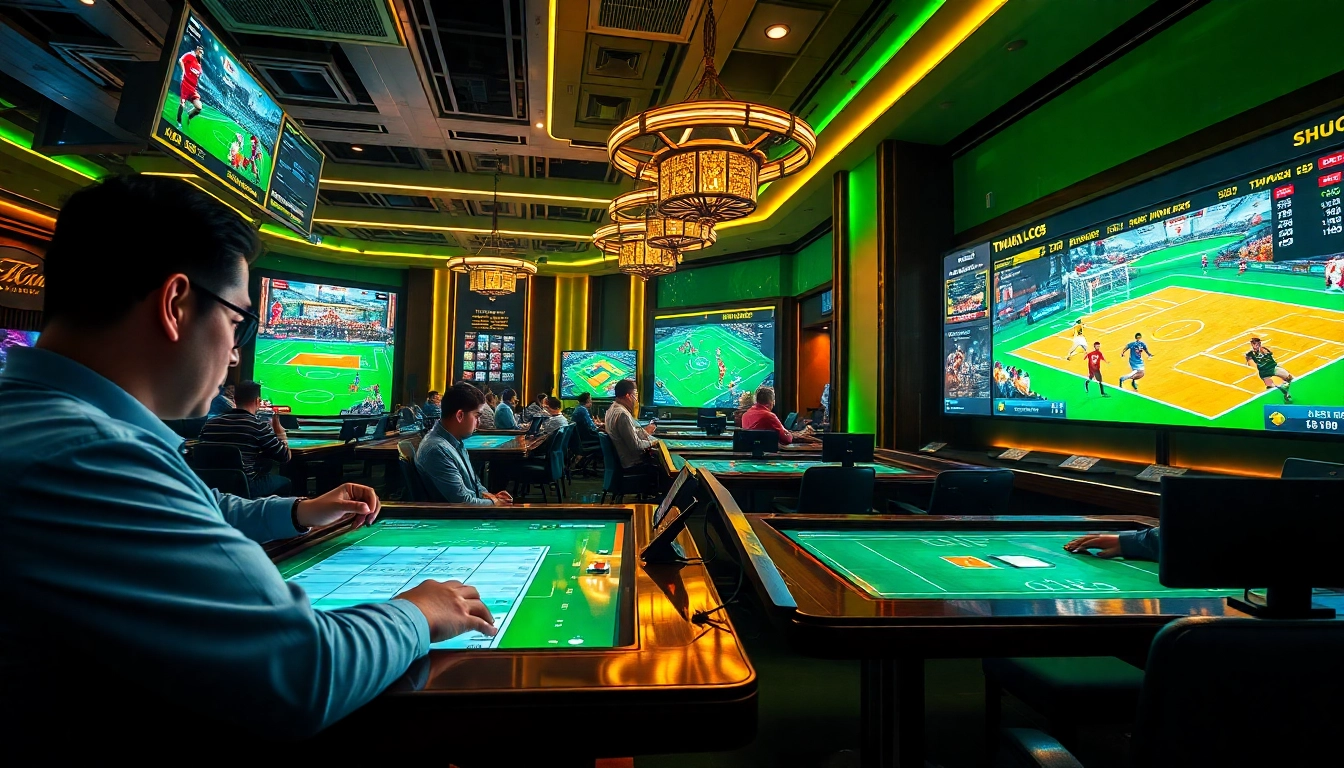 Thrilling Thể Thao LC88 sports betting scene featuring vibrant displays and engaged gamblers.