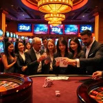 Players enjoying card games and slots at a luxurious casino branded with 22jl.