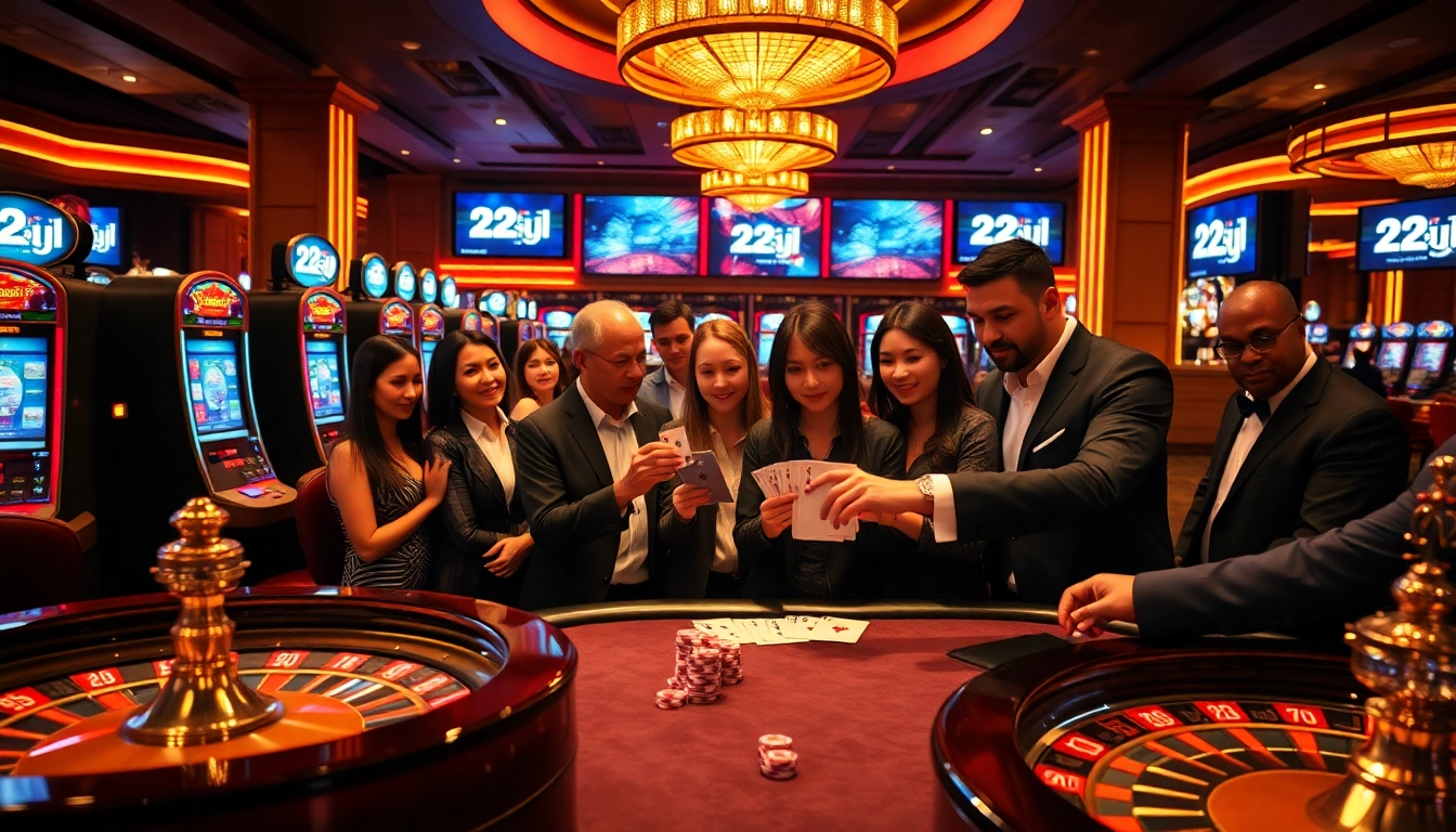 Players enjoying card games and slots at a luxurious casino branded with 22jl.