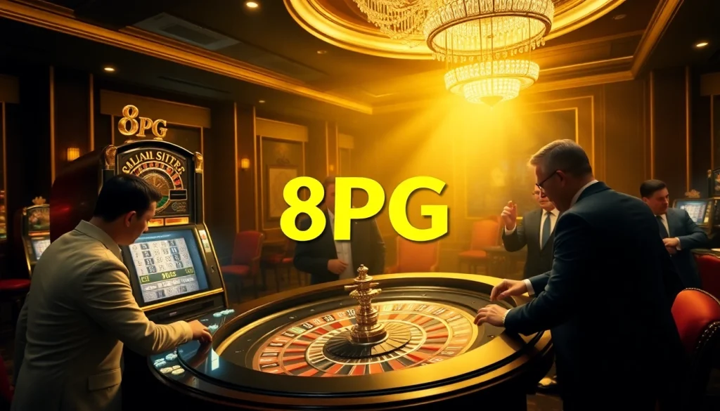 Jugadores disfrutando de juegos emocionantes en el casino 8PG, destacando lujo y diversión.