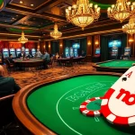 Nohu casino experience with vibrant tables, poker chips, and engaging players exuding luxury.