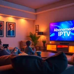 Passer une soirée cinéma à la maison avec un abonnement IPTV affiché sur la télévision, créant une ambiance chaleureuse.