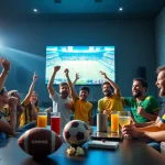 Lively football fans enjoying a match via luongsontv in a cozy living room.