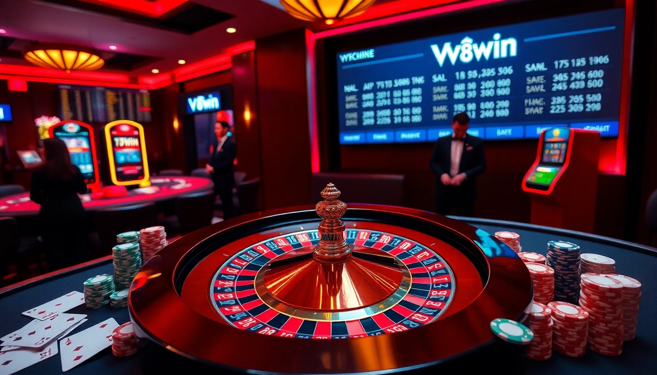 Experience thrilling gaming action at 78WIN with vibrant casino scenes featuring roulette and poker.